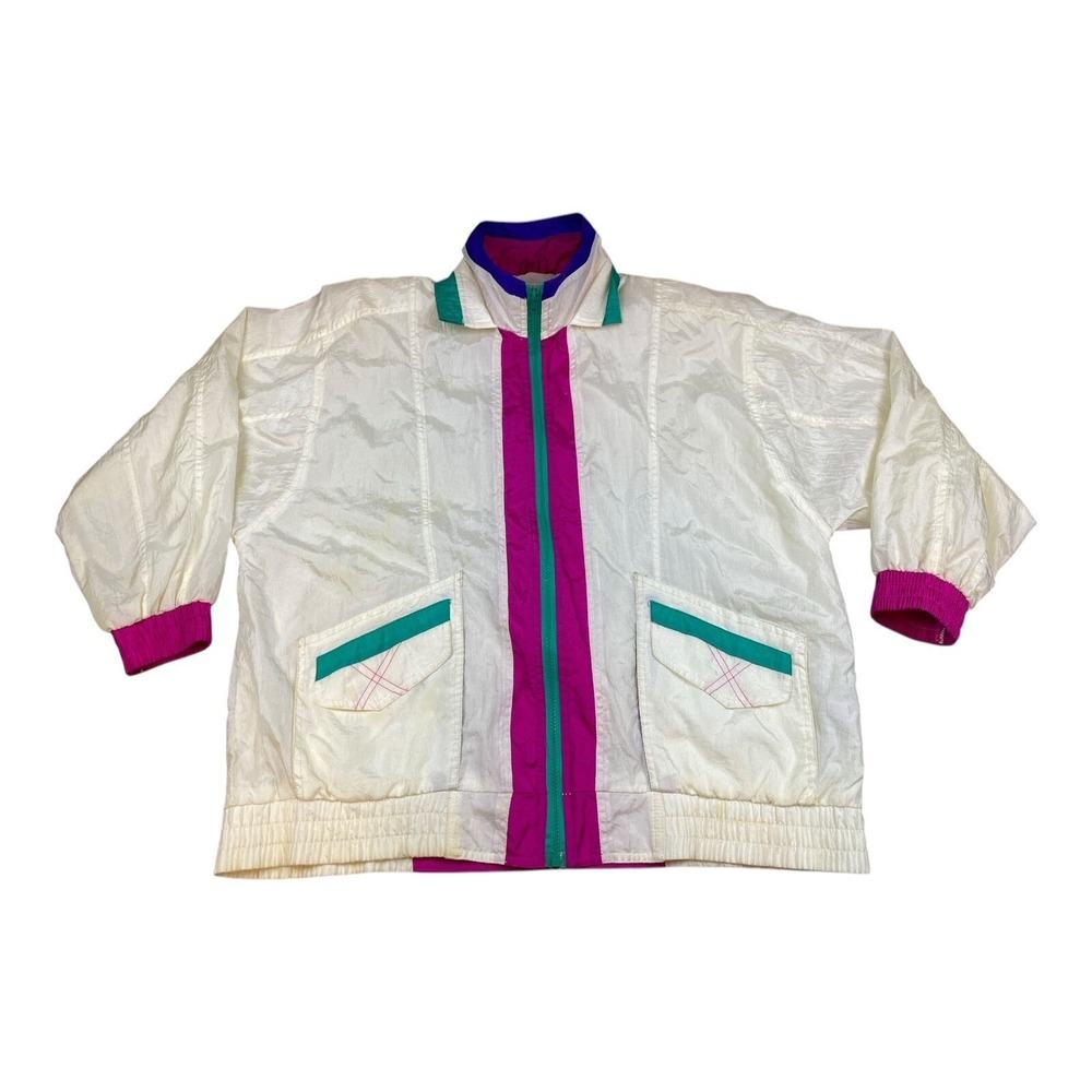 Vintage 80s 90s Kent Street White Multi Colored Windbreaker Jacket Large Women